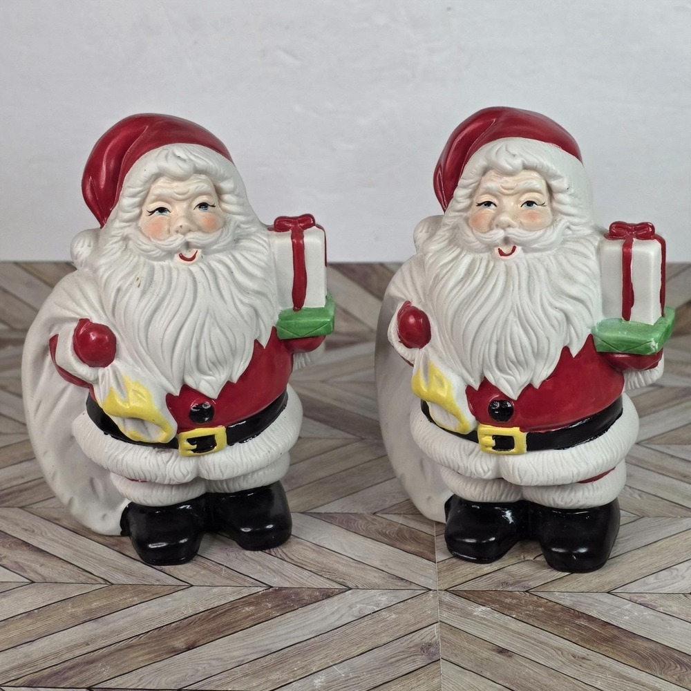 Pair Vintage Santa Claus Christmas Ceramic Piggy Coin Bank 8" Tall Holiday Decor